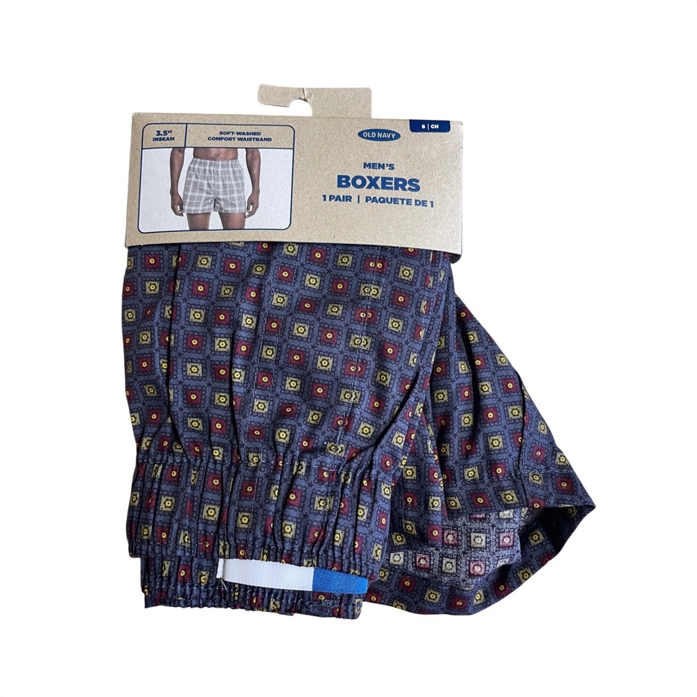 Old Navy Men's OG Boxers Small Navy Geometric Medallion 100% Cotton 3.5" Inseam